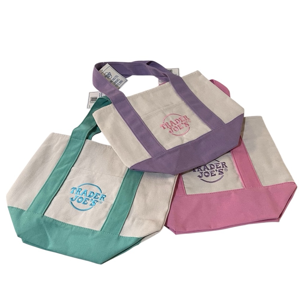 Set of 3 Trader Joe’s Mini Canvas Tote Bag Limited Edition - Pink, Purple, Green